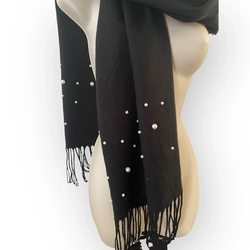 BEBE women’s pearl embellished fringe scarf black cozy soft winter chic neutral